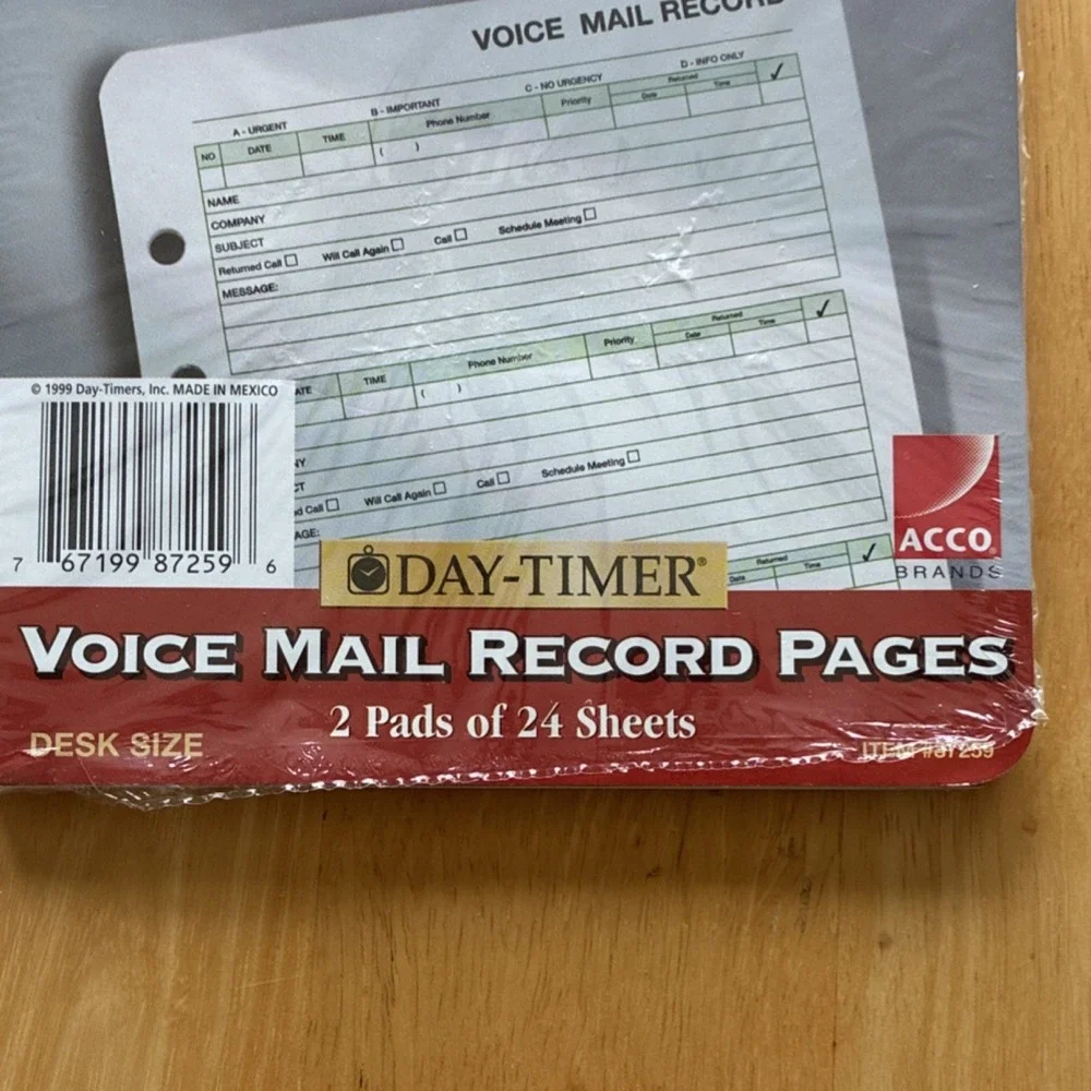 Day-Timer Voice Mail Record Pages Model 87259 Desk Size 2 Pads 24 Sheets